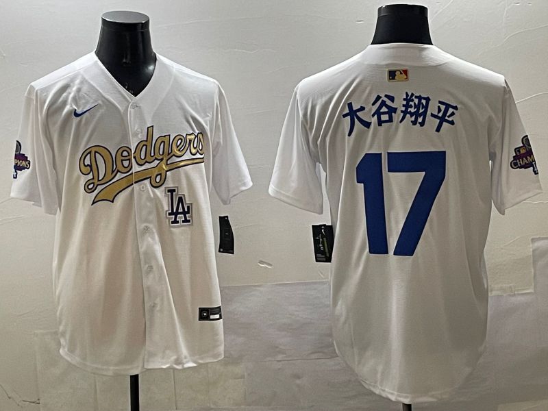 Men Los Angeles Dodgers 17 Ohtani White Champion gold character 2025 Nike MLB Jersey style 3318
